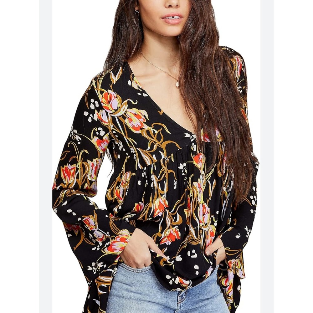 Free People Bella Floral Tunic Onyx Black Size XS Babydoll Flare Sleeve Boho